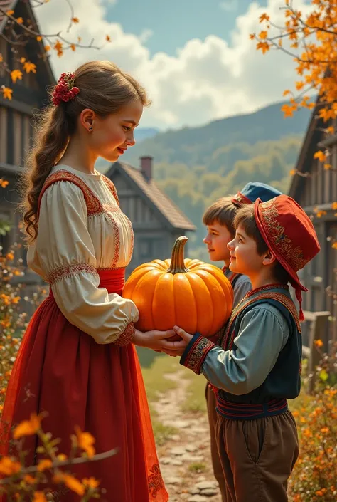 Ukrainian girl gives three Cossack boys a pumpkin