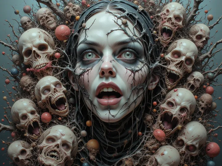 the crazy woman who is a monster said 「let me see you」grey、black、White, blue,A little violet 、Surreal collage、a contemporary ar...