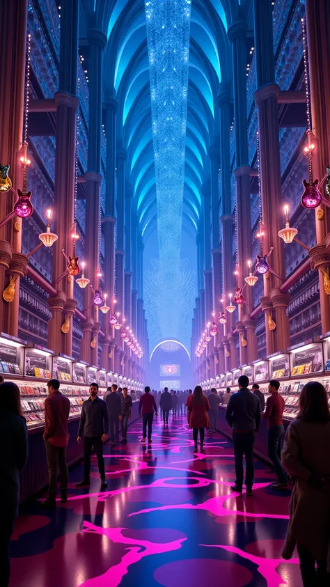 The shot explodes with color and texture: a vast, cathedral-like music emporium stretching into infinity, bathed in neon-blue an...