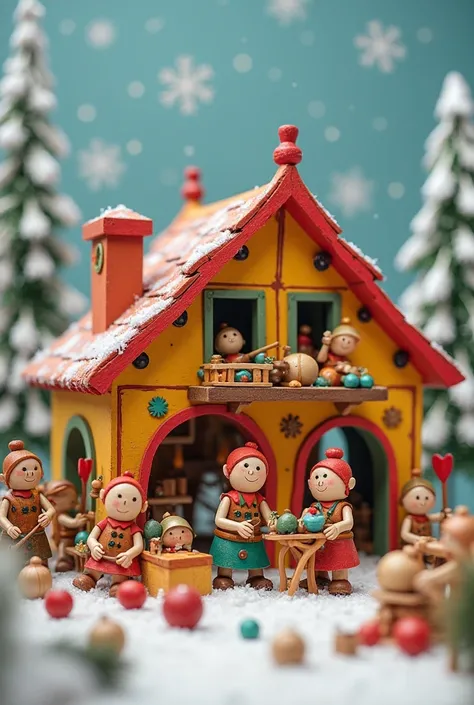 Little toy factory workshop of the wooden elves at the North Pole, with primary colors, facade