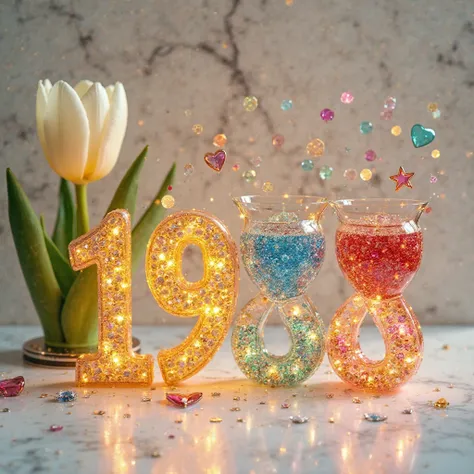 The distinctive cinematic phrase "1988" is written in a refined, distinctive, luxurious, and delicate font. Each letter is illum...