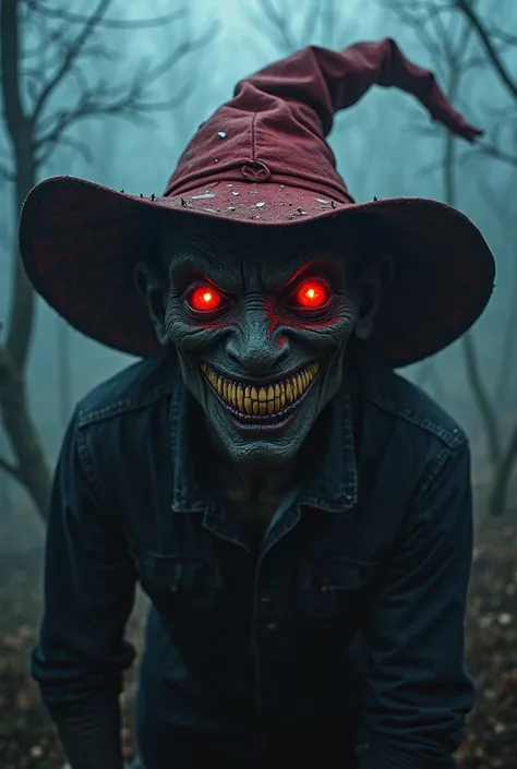 A dark and frightening creature inspired by Saci Pererê, a Brazilian folk figure. He has dark, wrinkled skin, bright and red eye...