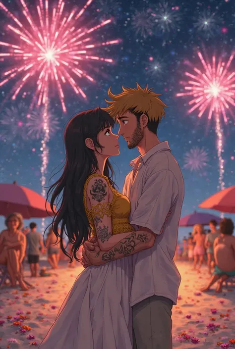 The couple are portrayed in a magical moment during a New Year's night at the beach.
The girl has long black hair and wears a g...