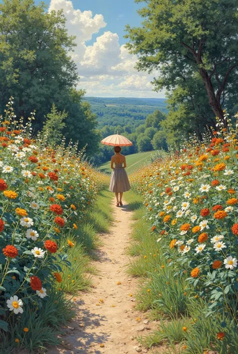 A wild pathway spilling with summer flowers, a distant view of a noblewoman passing by with a parasol, the figure of the noblewo...