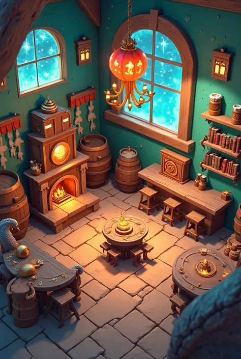 Ultra-detailed isometric view of a whimsical fantasy tavern in the style of Sea of Thieves, vibrant low-poly 3D render. The scen...