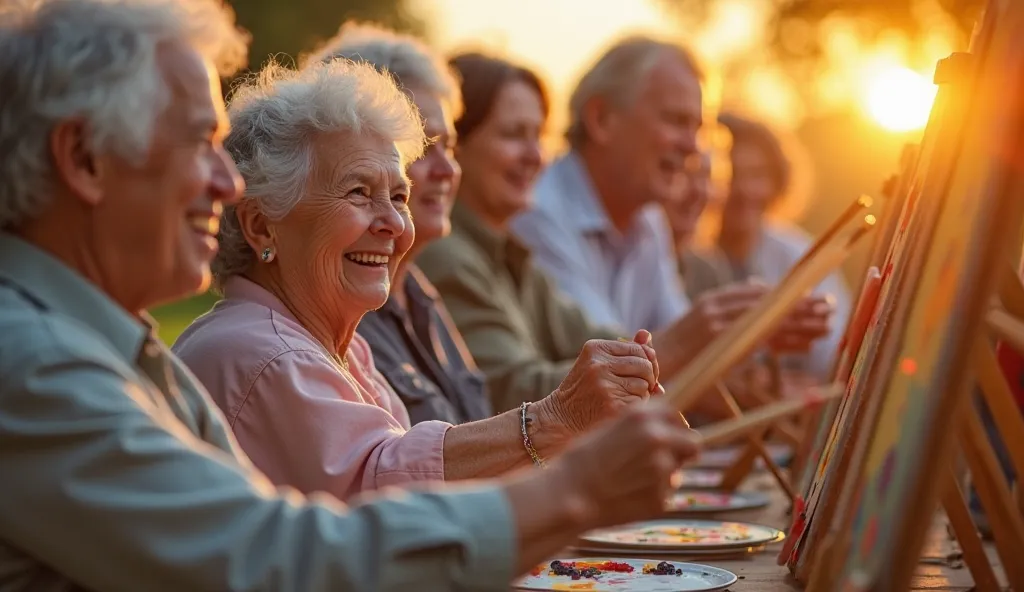 Prompt: "Diversified group of smiling elderly people in community activity, some painting, others dancing or teaching skills, Go...