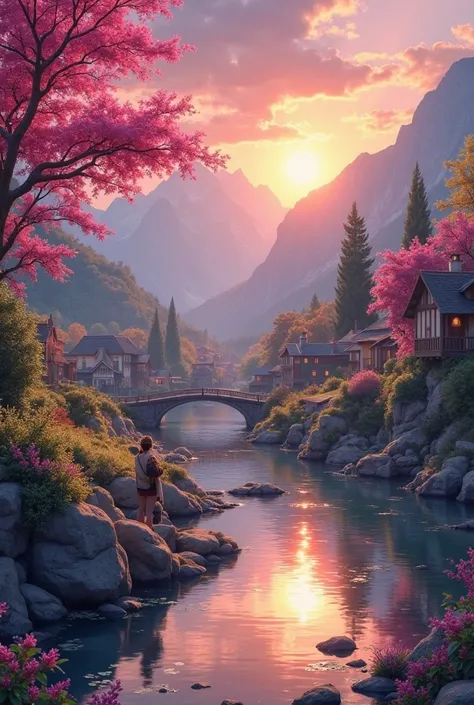 , a small village next to the river, mountains in the background, colorful pink flowers, detailed landscapes, beautiful landscap...