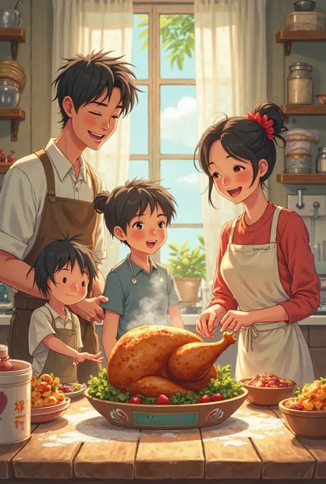 I need you to create a happy, anime-style family cooking in the style of Ghibli Studios, and on the table there is a chicken tha...