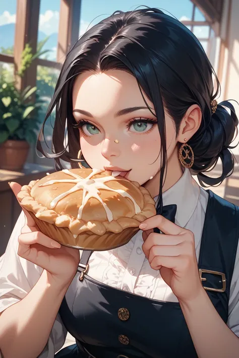 An image of a beautiful anime character with long black hair、getting pie thrown 10 times on her face and her face is completely ...