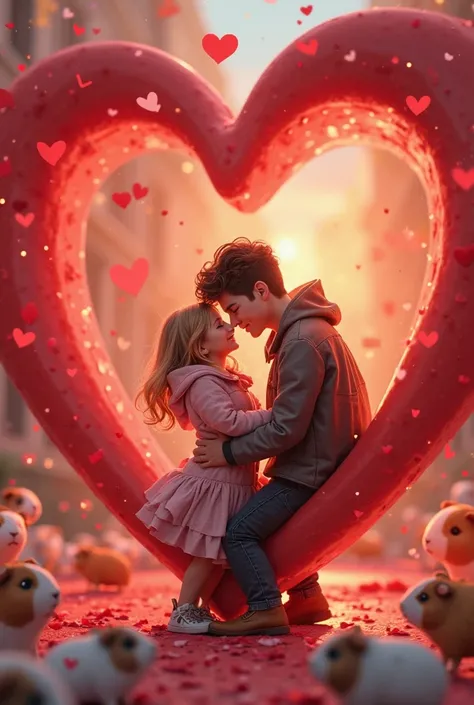 Make me and my girlfriend be inside a red heart, with a background full of kisses and guinea pigs
