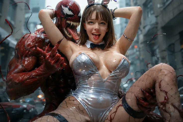 Baby-faced brunette girl, pretty face, ahegao face, baby face, (transparent clear plastic playboy bunny suit with glitter, Bunny...