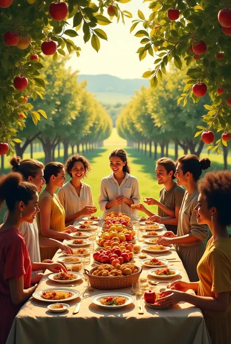Be generous giving others love food a table in paradise an apple orchard a hostess woman all cultures and ages paradise
