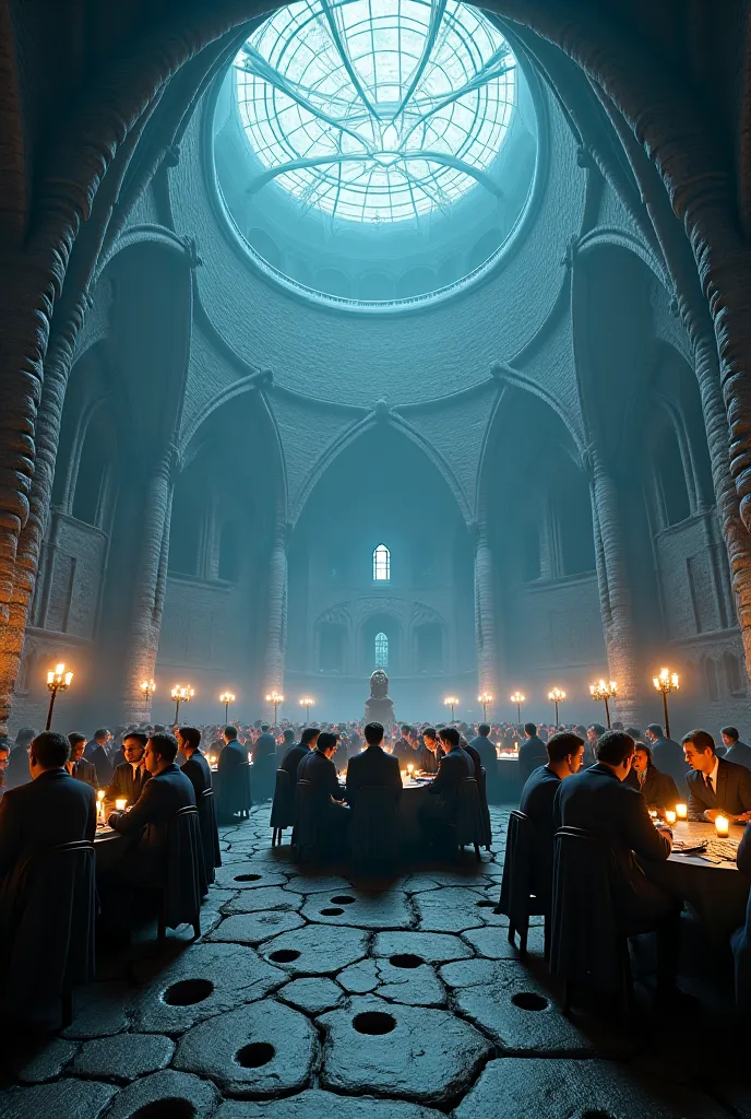 Harry Potter, à l’école des sorciers dans la salle y a des trous partout, assis sur les tables