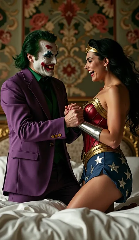 Joker pulling wonder woman hands back,near a white bed inside a royal room, wonder woman is crying loudly