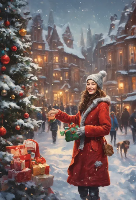 a painting. winter. One girl 20 years age standing with gifts in winter red dress facing camera smiling and laughing, brown hai...