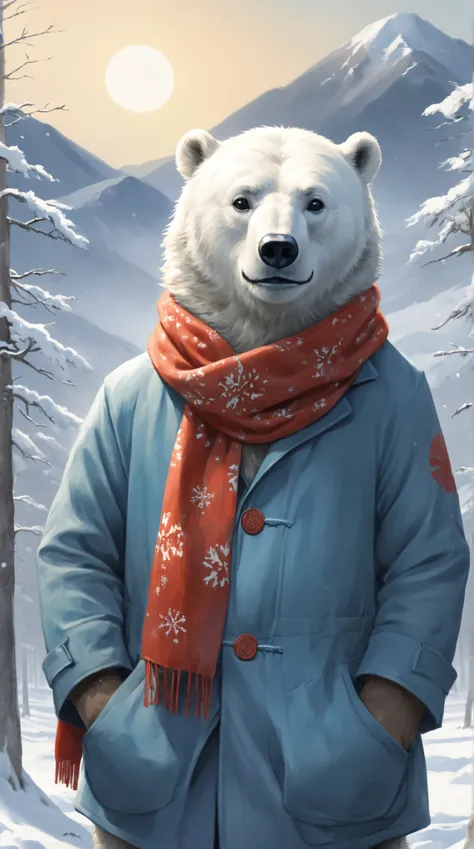 A watercolor-style illustration of a ダッパー 極地のクマ人間 wearing a classic トレンチコート and a stylish 青 scarf wrapped around his neck. The p...
