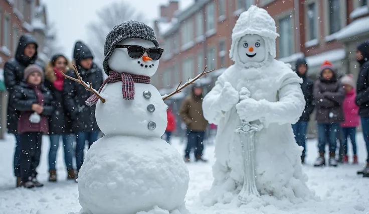 A unique snowman wearing sunglasses and a baseball cap, looking stylish and cool. Next to him, another snowman stands like a mig...