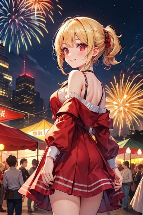 Medieval Night Market,Fireworks,A commoner girl, Blonde,red eyes with ,smiles brightly and looks back,Hair blowing in the blowin...