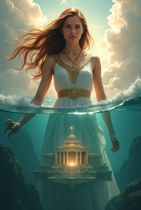 portrait of a young woman with long, wavy brown hair. Dressed as the goddess Athena, standing in the clouds, looking mighty, maj...