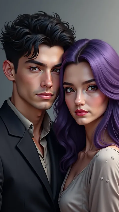 Fait moi un homme au cheveux noir il a 20 ans .
He is accompanied by a woman with purple hair .
Not in anime