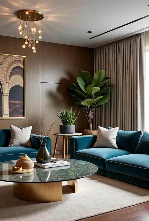 “Design a luxurious living room inspired by The House of Things’ art, featuring a hand-carved Petra Civilization Coffee Table wi...