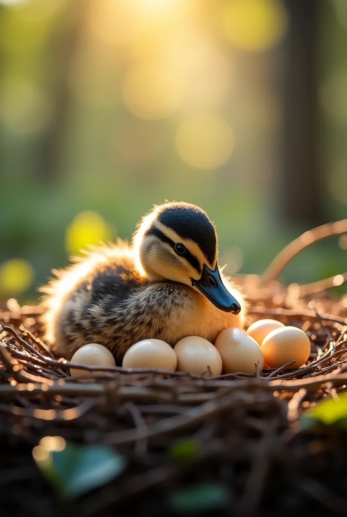 A close-up of the duck sitting comfortably in its nest, carefully laying eggs. The eggs are small, round, and perfectly shaped, ...