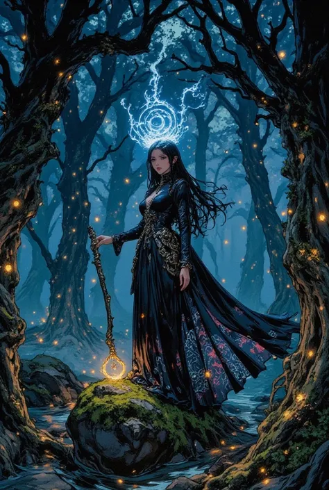 In a mystical forest drenched in an eerie glow, an enchantress with long, flowing hair stands poised on a moss-covered rock, sur...