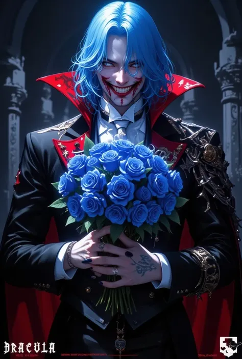 Create a picture of Dracula The Blue Haired Male shows off his blood-stained teeth while carrying blue roses