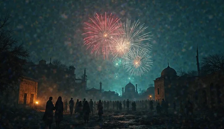 "Haunting Eid al-Fitr night, dark skies filled with eerie, ghostly fireworks, ominous shadows of families gathered in a dimly...