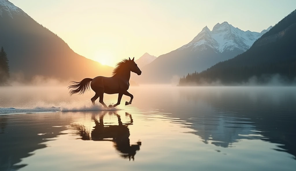Horse running on lake beach between mountains during sunrise