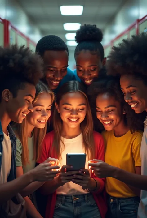 Young people of different ethnicities in a high school looking at a cell phone