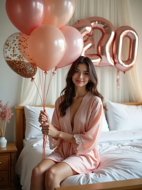 The image showcases a young woman sitting on the edge of a wooden bed in a softly lit, aesthetically pleasing bedroom. She is we...