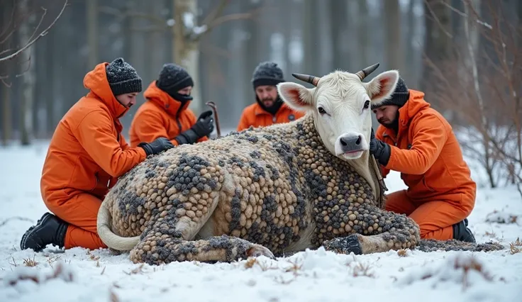 This image shows a Wright cow sitting in a snowy field, its body heavily infested with honeycomb-like structures, possibly worms...