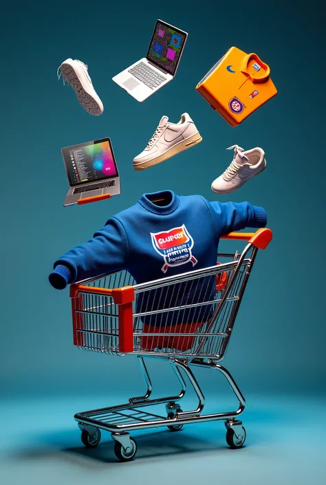 Several objects float in the air . Above the cart, a deep blue wool sweater, defying gravity. Create an image of a supermarket c...