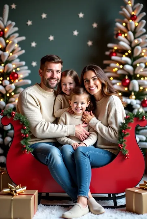 Cozy family holiday photo in a festive setting with artificial snow-covered Christmas trees adorned with warm white lights in th...