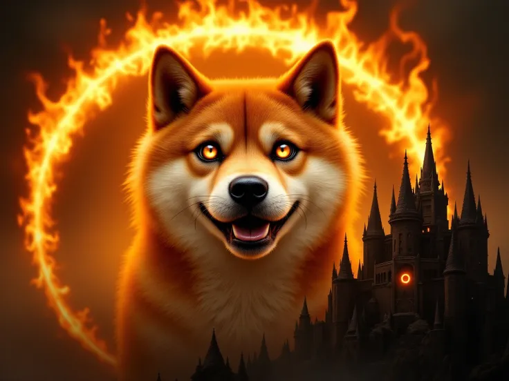 A humorous digital art piece depicting the Eye of Sauron from The Lord of the Rings, but with the fiery face of the Shiba Inu fr...