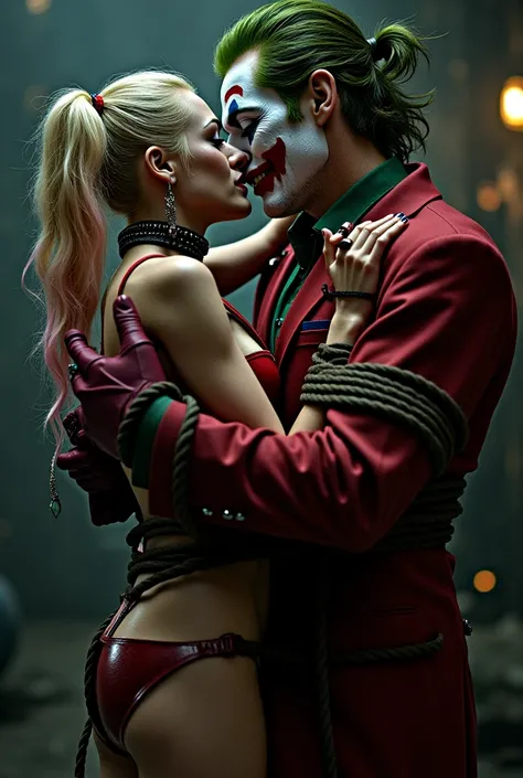 Harley Quinn tied up with strong robes and wearing nothing and joker grabs her neck and kiss her with passion 🔥