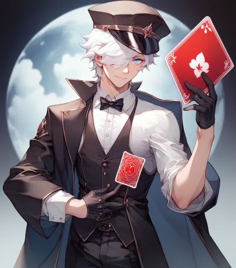 ChatGPT said :
and the other slightly touches the brim of the hat, white shirt and black gloves, has a long black coat, to cove...