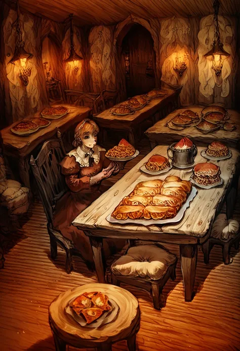 Rural, Medieval, inn, indoors, humble, tables, chairs, dinner plates, quadratic, pivix