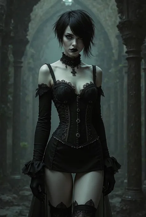 Create a rabuda goth woman with short clothes for me