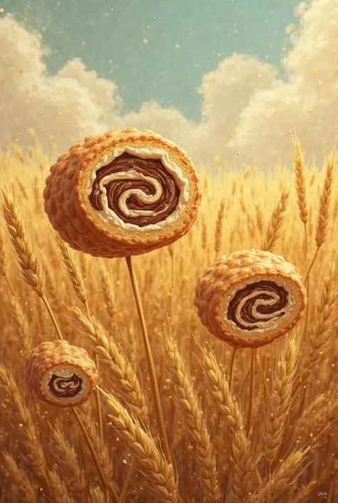 A whimsical, dreamy, and surreal fantasy illustration in the art style of the Dixit board game. The scene features a vast wheat ...