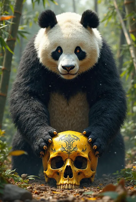 A panda after killing a yellow skull with its hands and with the trophy on its side