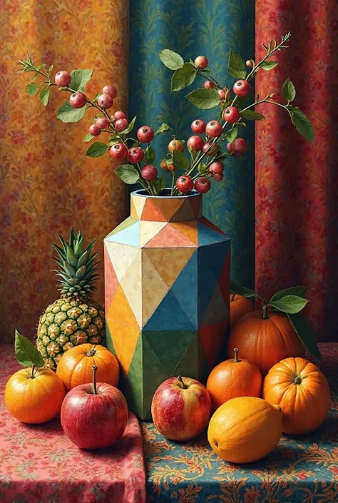 Make a still life, with fruit fabric and a, geometric style vase that looks like paint