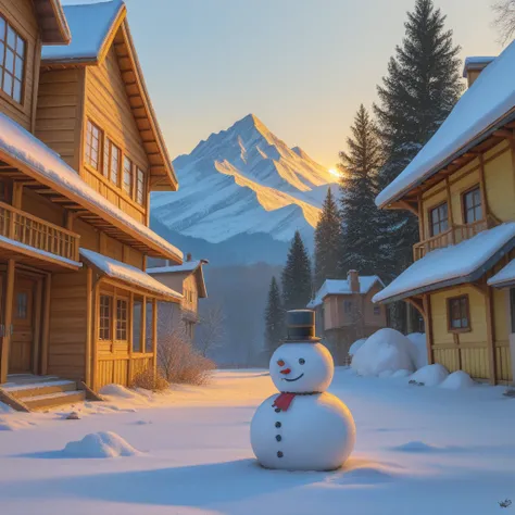 model shooting style , banchan dengan senang hati membangun snowman dengan mata zaitun, latar belakang single house, mountains b...
