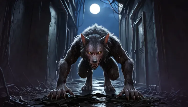 Pov, looking at own body, Werewolf:1.3, Werewolf transformation, body, morfing, paw:1.3, animal toes, grey thick fingers, claws,...