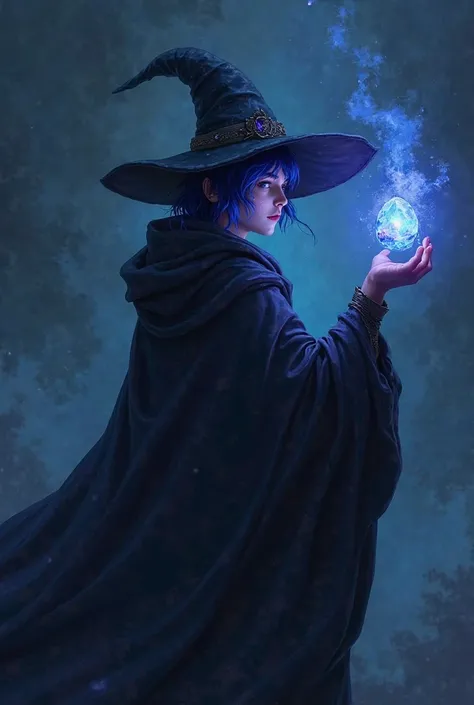 Nay, a young wizard with navy blue hair, He was on his back, wrapped in a black cloak who floated gently in the wind. In your ha...