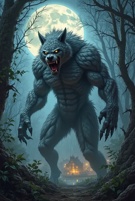A werewolf in the middle of the woods during the full moon with a village in the background