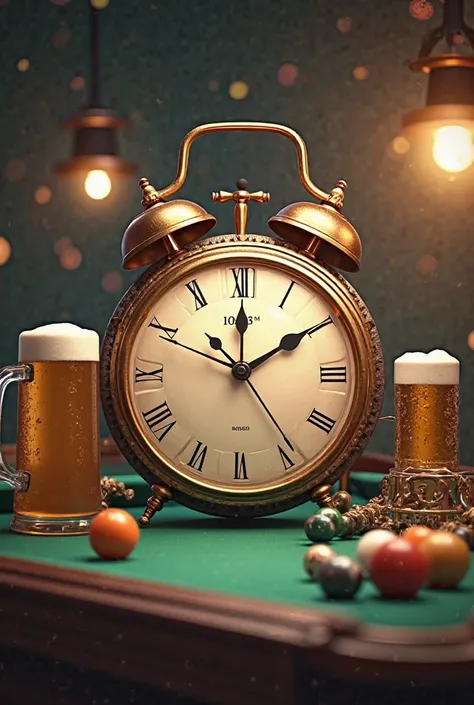 An animated image of a central clock that indicates 10 p.m.:23:00 with images referring to the game of billiards and beer jars