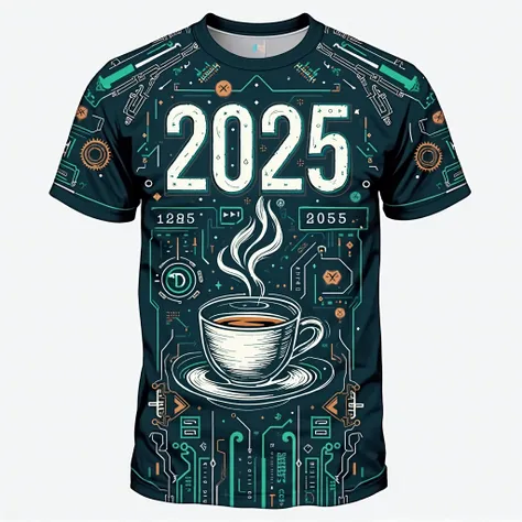 Create the design of a modern robotics shirt and, including the following elements:
1. Reference to coffee (stylized cup or ste...