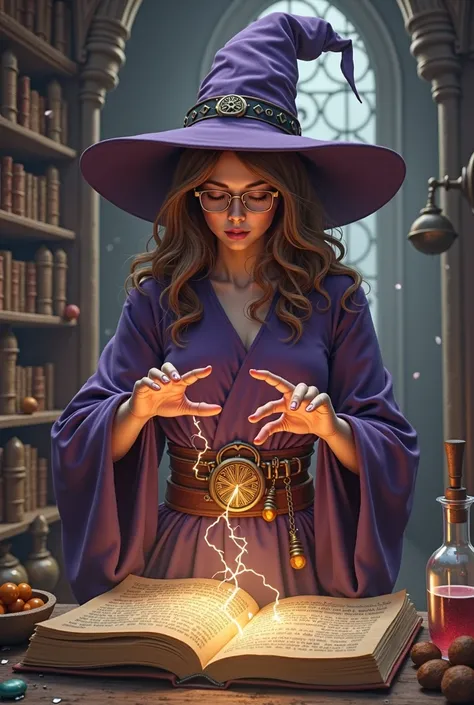 DnD female human wizard, wavy brown hair, brown eyes, nerdy, glasses, wizard hat, purple robes, trinkets and potions hanging fro...